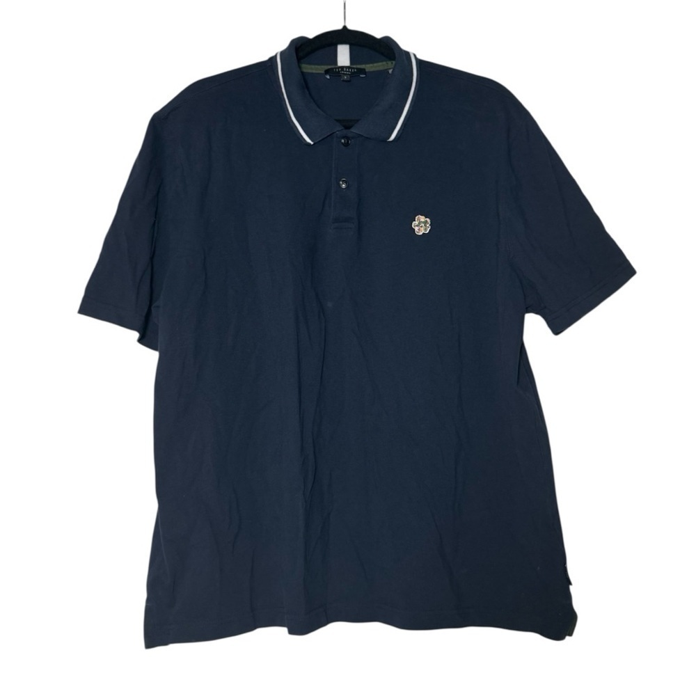 Ted Baker Camden Polo Shirt Navy Blue Flower Detail with White Trim Size 7 / XXL